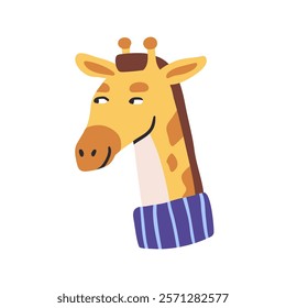 Funny giraffe character with sly smirk, face expression. Cute jungle animal head with long neck in scarf, looking aside, grinning emotion. Flat vector illustration isolated on white background