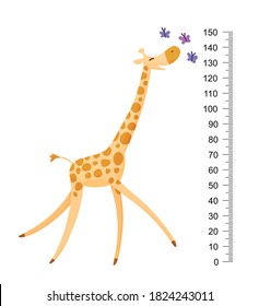 Funny giraffe. Cheerful funny giraffe with long neck. Giraffe meter wall or height chart or wall sticker. Illustration with scale from 2 to 150 centimeter to measure growth