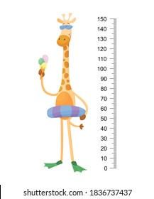 Funny giraffe. Cheerful funny giraffe with long neck. Giraffe meter wall or height chart or wall sticker. Illustration with scale from 2 to 150 centimeter to measure growth