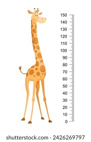 Funny giraffe. Cheerful funny giraffe with long neck. Giraffe meter wall or height chart or wall sticker. Illustration with scale from 0 to 150 centimeter to measure growth