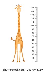 Funny giraffe. Cheerful funny giraffe with long neck. Giraffe meter wall or height chart or wall sticker. Illustration with scale from 0 to 150 centimeter to measure growth