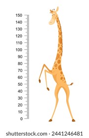 Divertida jirafa. Alegre jirafa divertida con cuello largo. Medidor de jirafa de pared o altura gráfico o etiqueta engomada de pared. Ilustración con escala de 0 a 150 centímetros para medir el crecimiento