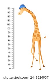 Divertida jirafa. Alegre jirafa divertida con cuello largo. Medidor de jirafa de pared o altura gráfico o etiqueta engomada de pared. Ilustración con escala de 0 a 150 centímetros para medir el crecimiento