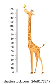 Funny giraffe. Cheerful funny giraffe with long neck. Giraffe meter wall or height chart or wall sticker. Illustration with scale from 0 to 150 centimeter to measure growth