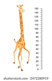 Funny giraffe. Cheerful funny giraffe with long neck. Giraffe meter wall or height chart or wall sticker. Illustration with scale from 0 to 150 centimeter to measure growth