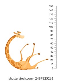 Funny giraffe. Cheerful funny giraffe with long neck. Giraffe meter wall or height chart or wall sticker. Illustration with scale from 0 to 150 centimeter to measure growth