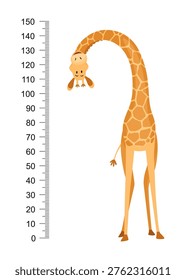 Funny giraffe. Cheerful funny giraffe with long neck. Giraffe meter wall or height chart or wall sticker. Illustration with scale from 0 to 150 centimeter to measure growth