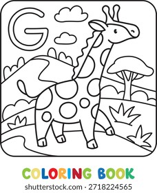 Lustige Giraffe. Untergeordnete Vektorgrafik. Tiere ABC Malbuch für Kinder. Alphabet G