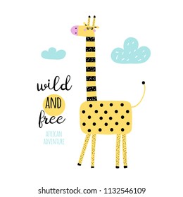 Funny giraffe in the clouds. Design for poster, card, bag and t-shirt, cover. Vector illustration.