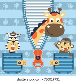 funny giraffe come out from zipper, zebra with monkey in pocket. Vector cartoon illustration