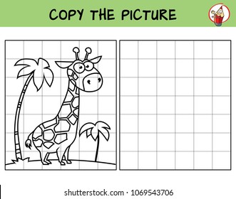 Funny giraffe. Copy the picture. Coloring book. Educational game for children. Cartoon vector illustration