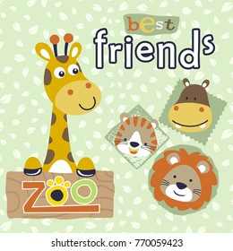 Funny giraffe with cute animals head on leaves background pattern, vector cartoon illustration