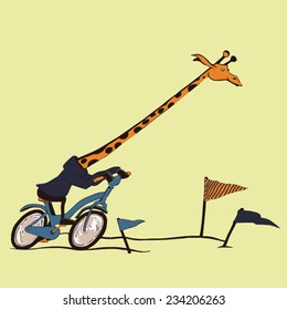 Funny giraffe: cycle race. Vector art