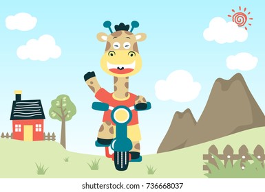 Funny giraffe cycling on rural scenery background, vector cartoon illustration