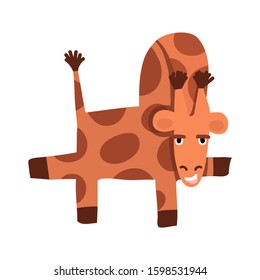 Funny giraffe dancing and smiling. Its skin is covered with brown spots, its tail is raised and protruding, and its paws look back and forth. Illustration for children's books, website design, cards