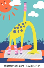 Funny giraffe doing outdoor yoga in a park. Kid book illustration vector. Sport activity leisure animals concept.