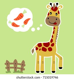Funny giraffe dreaming carrot, vector cartoon illustration