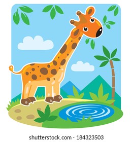 Funny giraffe eat green leafs. Children illustration
