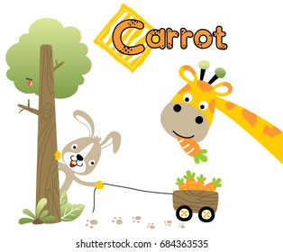 Funny giraffe eating carrot, cute rabbit in tree pulling carrots with cart, vector cartoon illustration