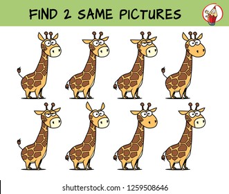 Funny giraffe. Find two same pictures. Educational game for children. Cartoon vector illustration