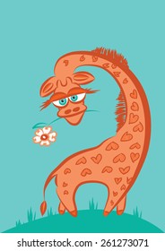 Funny giraffe with flower and hearts