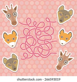 funny giraffe, fox, wolf labyrinth game for Preschool Children. Vector