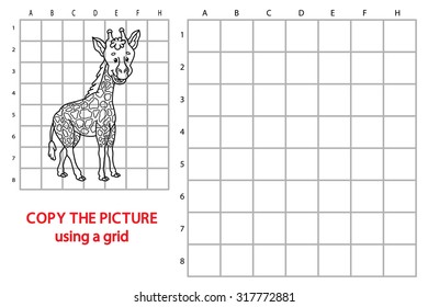 funny giraffe  game. Vector illustration of grid copy puzzle with happy cartoon giraffe for children