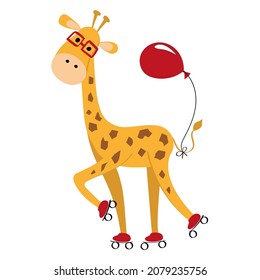 Eine lustige Giraffe in Gläsern und mit einem Ballon ist Rollerblading. Ein süßes Tier geht zum Sport hinein. Vektorgrafik im Flachstil.