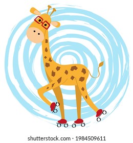 Una graciosa jirafa con gafas está parpadeando. Un animal lindo va a los deportes. Ilustración vectorial en un estilo plano.