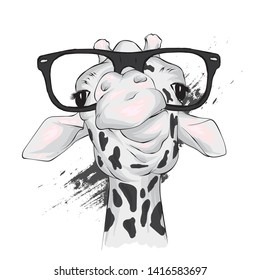 Funny giraffe with glasses. Vector illustration for greeting card or poster. Print on clothing or printed materials. Wild animal.