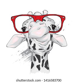 Funny giraffe with glasses. Vector illustration for greeting card or poster. Print on clothing or printed materials. Wild animal.