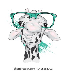 Funny giraffe with glasses. Vector illustration for greeting card or poster. Print on clothing or printed materials. Wild animal.