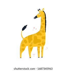 Funny giraffe hand drawn flat vector illustration. Adorable exotic wildlife, camelopard cartoon character. Cute exotic animal with long neck isolated on white background. Childish t shirt print design