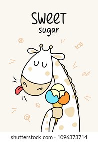 Funny giraffe licks three color ice cream. Sweet sugar cartoon flat vector animal illustration card