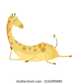 Funny giraffe lies and dreams cartoon illustration. Cute happy wild animal Isolated on white background