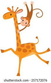 Funny giraffe with litlle monkey. Children vector illustration