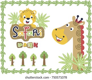 Funny giraffe with little cat in leaves frame border