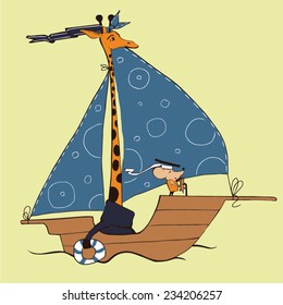 Funny giraffe and a little mouse: journey. Vector art 