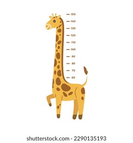 Funny giraffe meter for height measure flat style, vector illustration isolated on white background. Animal with long neck, tool for wall growth measurement, design element