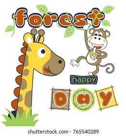 Funny giraffe with monkey in forest, vector cartoon illustration