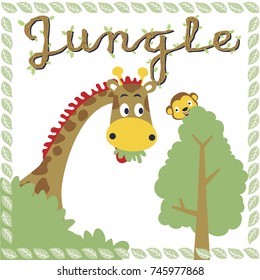 Funny giraffe with monkey in jungle on leaf frame border, vector cartoon illustration