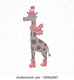 Funny giraffe. Nursery art. Minimalist scandinavian style. Character for kids card, print for t-shirt and more. Winter season.