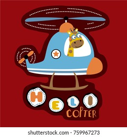 Funny giraffe on helicopter, vector cartoon illustration