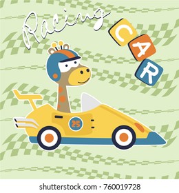 funny giraffe on racing car, vector cartoon illustration
