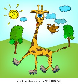Funny giraffe on roller skates. Cartoon