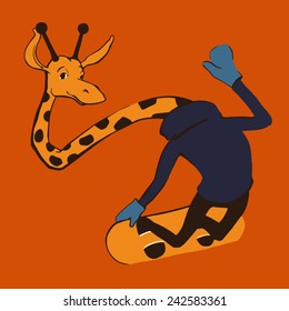 Funny giraffe on a snowboard. Vector