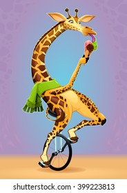 Funny giraffe on an unicycle. Vector cartoon illustration