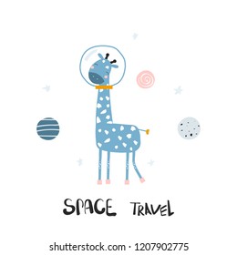 Funny giraffe in open space. Kids print. Vector hand drawn illustration.