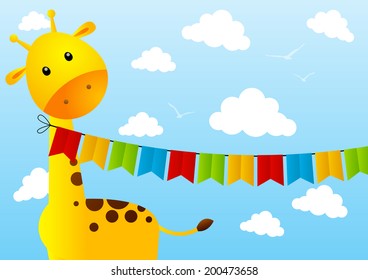 Funny giraffe with party flags