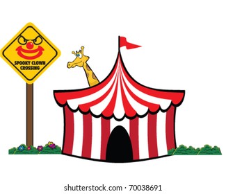 funny giraffe peeks out from behind circus bigtop with sign for spooky clown crossing